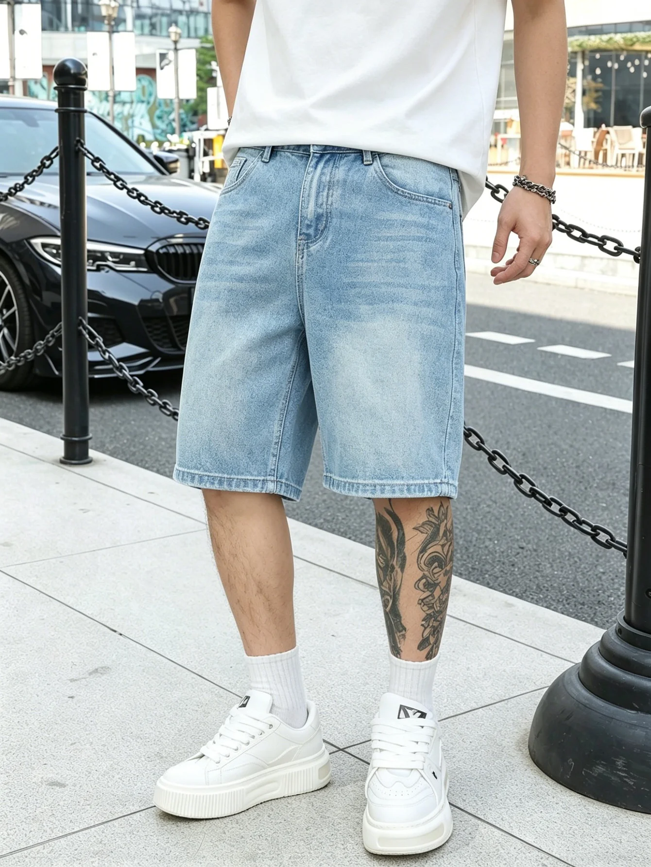 

Lightweight blue denim jorts male non stretch straight leg cut simple look daily leisure walking casual apparel