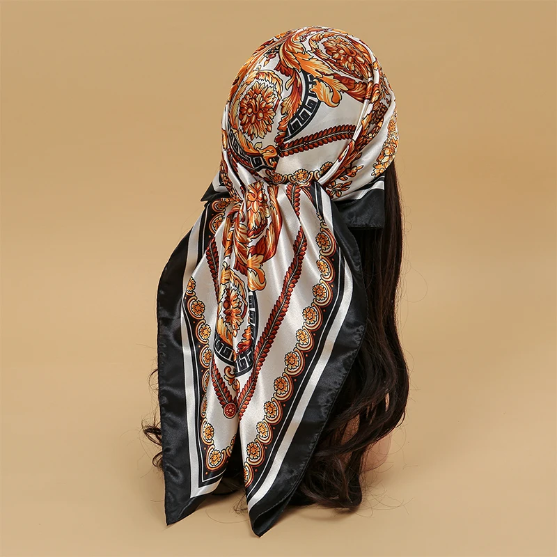 2024 Luxury Brand Bandana Silk 90*90cm Square Scarf Women Satin Shawl Wrap Hijab Female Scarves Hair Band Wrist Headkerchief