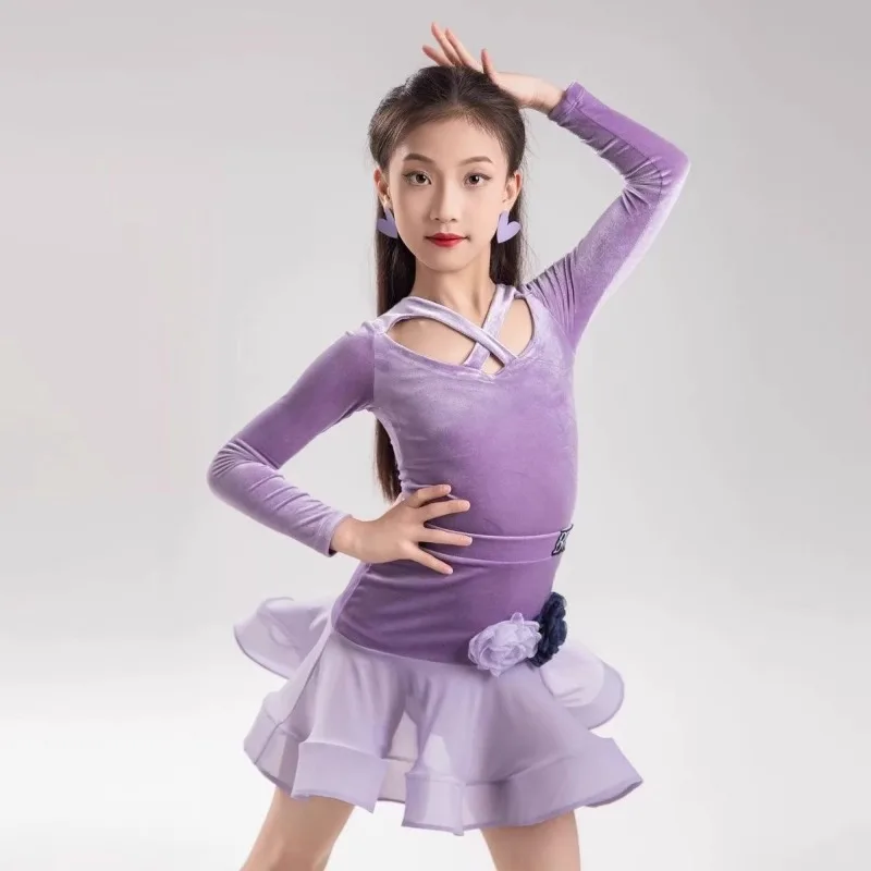 

customized girls' Latin dance costume taro purple Korean velvet contrasting color three-dimensional flower Latin practice outfit