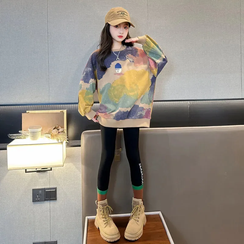 

2023 autumn winter Girls clothes long t-shirt Dresses Baby hooded tops teens Kids loose cloud cluster print sweatshirts 12 year