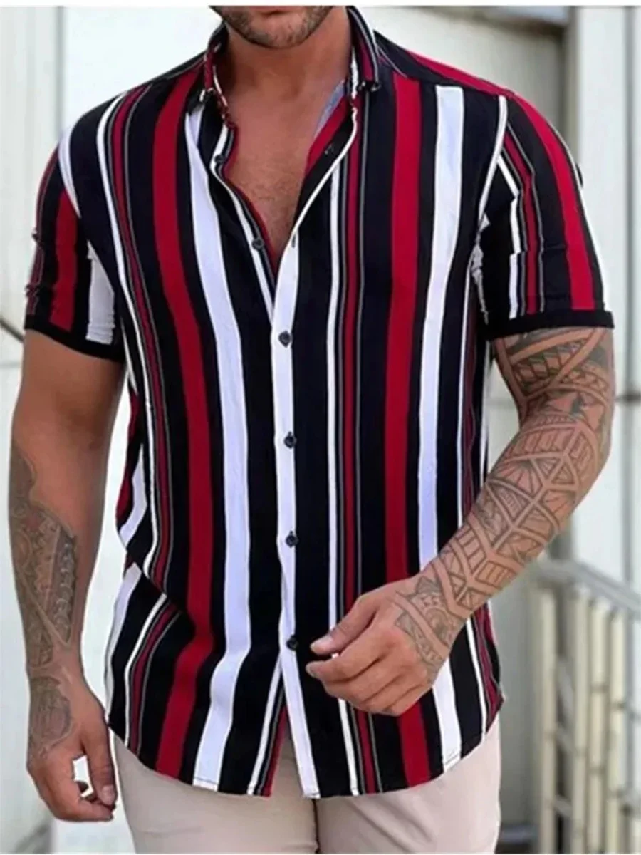 

Men's Hawaiian Shirt 3D Stripe Print Short Sleeve Summer Loose Casual Large Size Simple Fashion Lapel Button Men's Tops