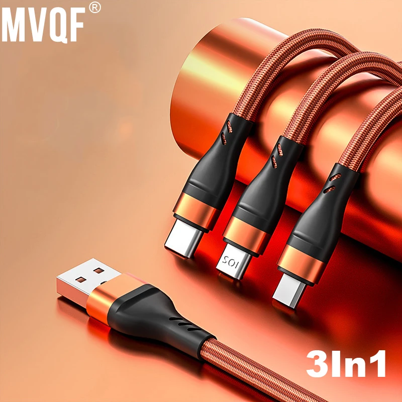 MVQF 3n1 USB Charger Cable Nylon Braided 6A Fast Charging Cord Universal Multiple Ports Charging Cable for Iphone USB C Micro