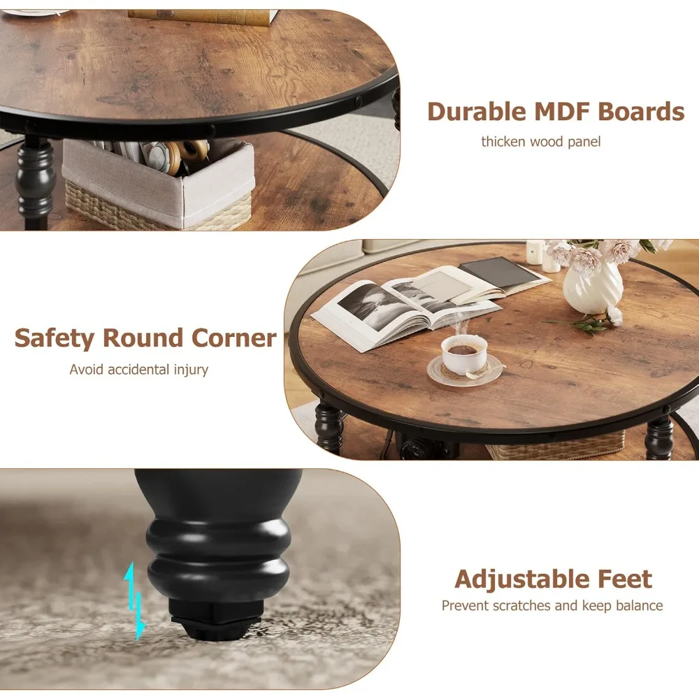 Rustic Wood Circle Coffee Table with Storage Shelf and Metal Base for Living Room