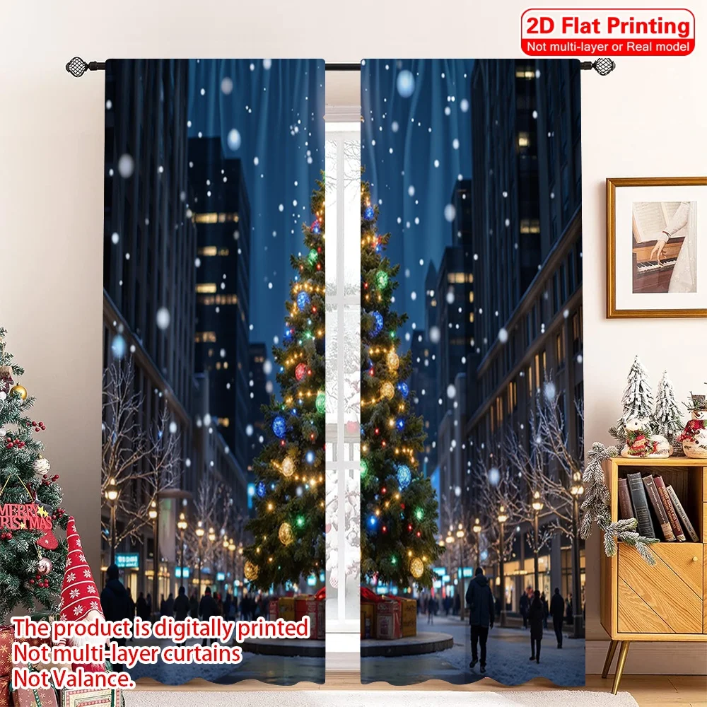 

2pcs 2D flat printing Merry Christmas Window Curtains Christmas Tree City Lights Polyester Without Electricity Festive Holiday