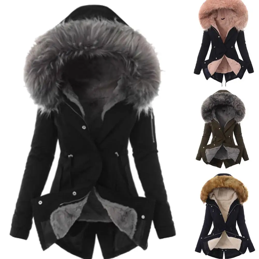 Warm Winter Women Faux Fur Hooded Cotton Down Jacket Casual Outwear Long Overcoat