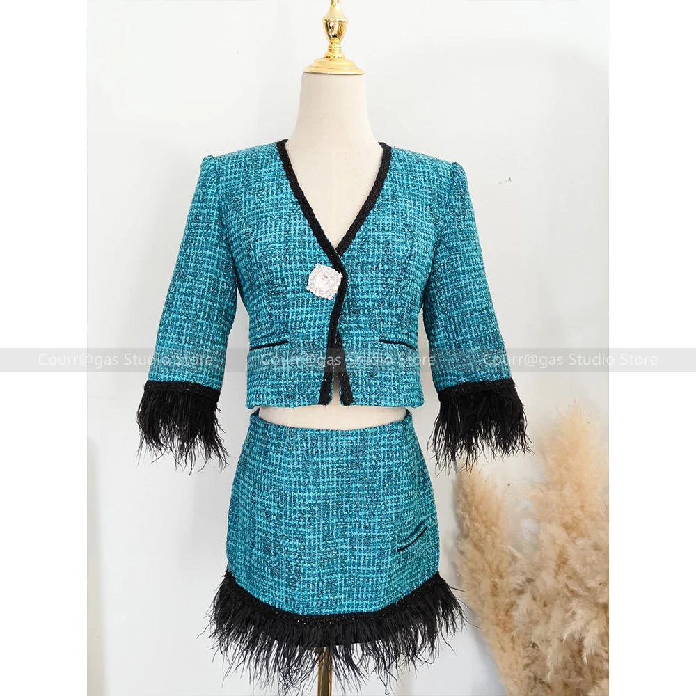 

New temperament celebrity style deep V woven feather short long-sleeved jacket high-waisted skirt two-piece female