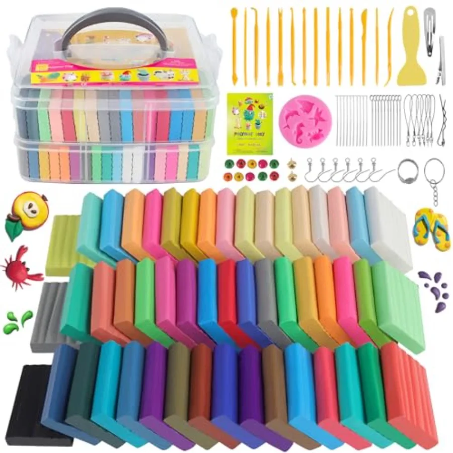 Non-Toxic Polymer Clay 50 Colors, Oven Bake Modeling Clay Kit, DIY Crafts Ideal for DIY jewelry, miniatures, keychains, and hom