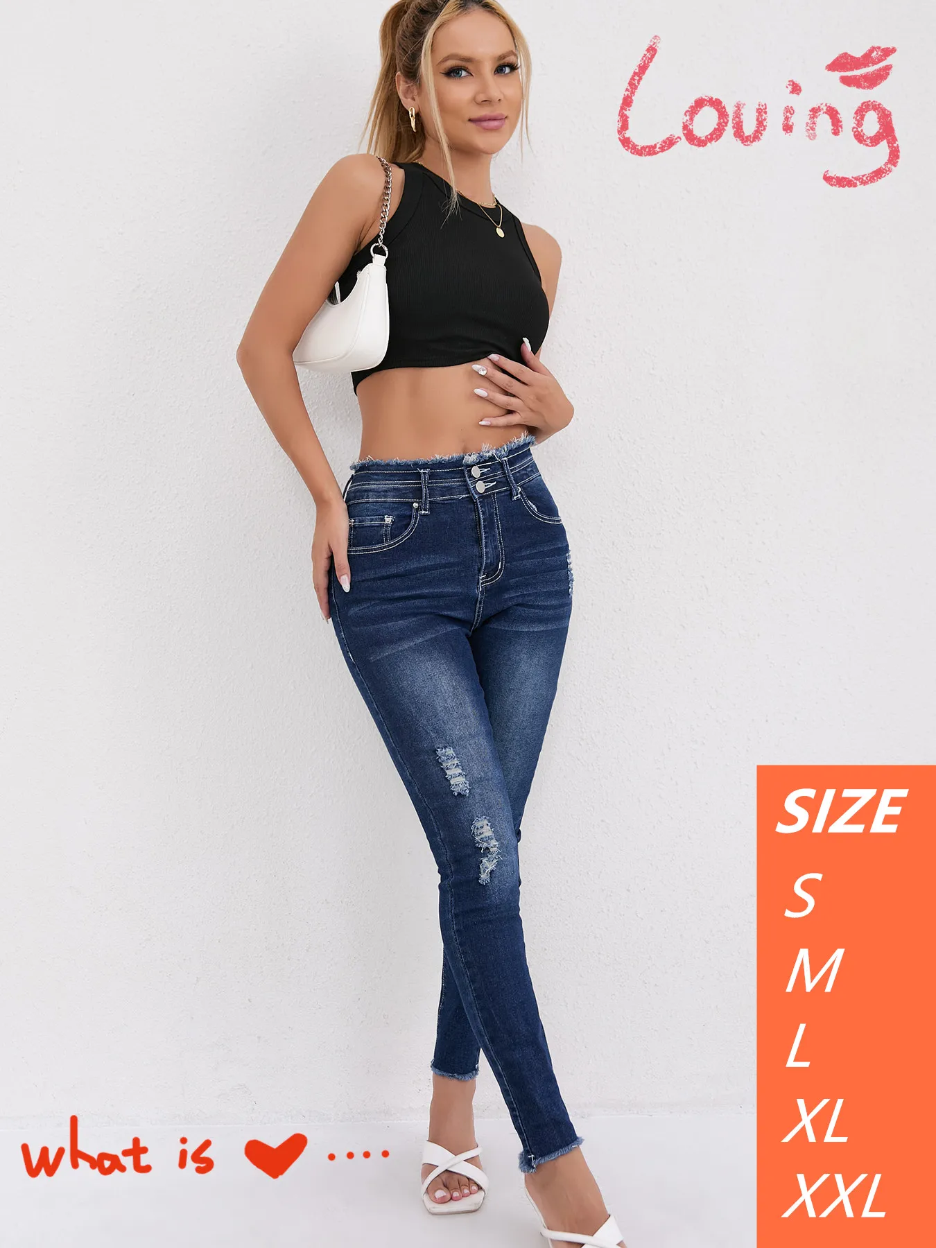 レディース ハイウエスト ストレッチ ジーンズ 欧米風トレンド カットオフ裾 ダメージ加工 ダブルボタン ワイドレッグ カジュアル ストリートスタイル ファッション