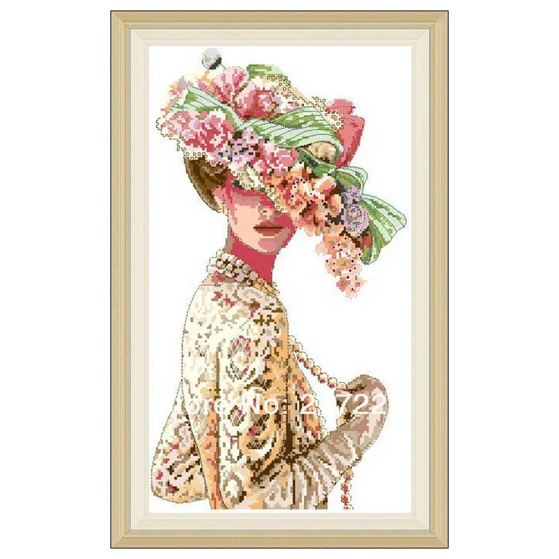 Amishop High Quality Counted Cross Stitches Kit The Victorian Elegance Fashion Lady With Hat Flower Lady DIM 03823