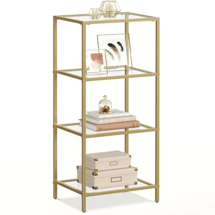 

4-Tier Slim Bookcase with Tempered Glass and Steel Frame in Metallic Gold Finish Ideal for Bedroom Bathroom and Home Office Sto