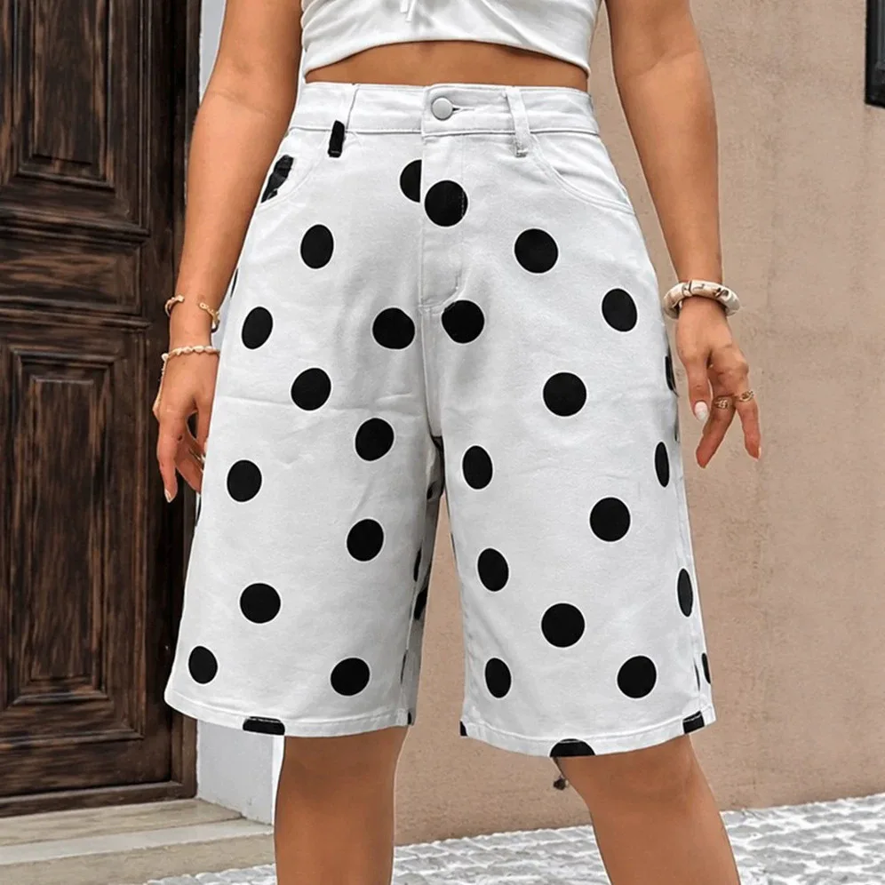 

Fashion Polka Dot Five-point Jeans Pants Cotton Denim High Waisted Knee Length Jeans