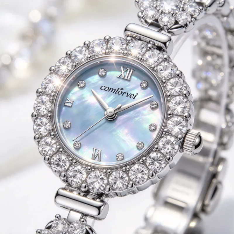 comlorvei Women Quartz Watch, Silver Flower Crystal Bracelet, Double-Row Crystal Bezel, White MOP Dial, Roman Numerals, Luxury D