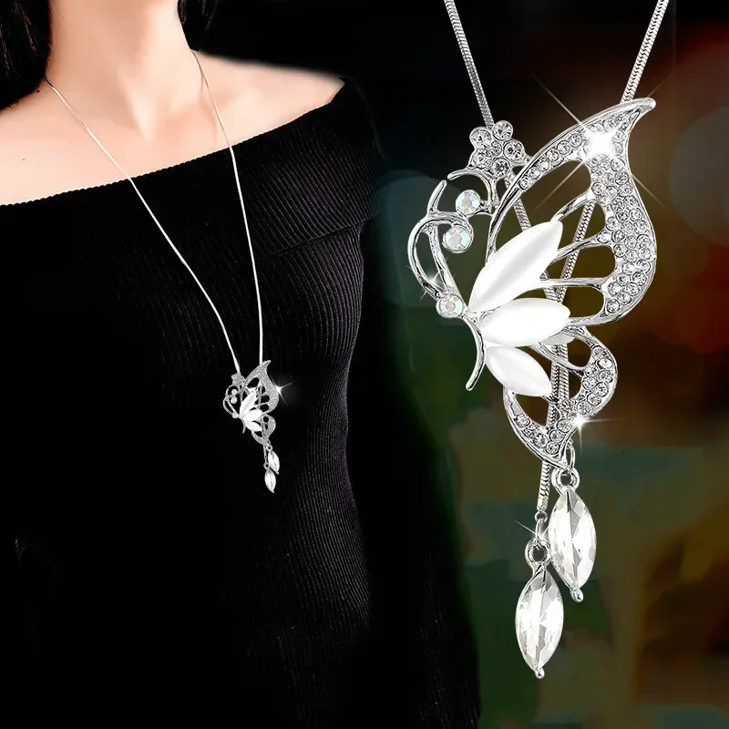 New Fashion Opal Crystal Butterfly Wings Long Necklaces & Pendants For Women Simple Elegant Trendy Jewelry Sweater Chain