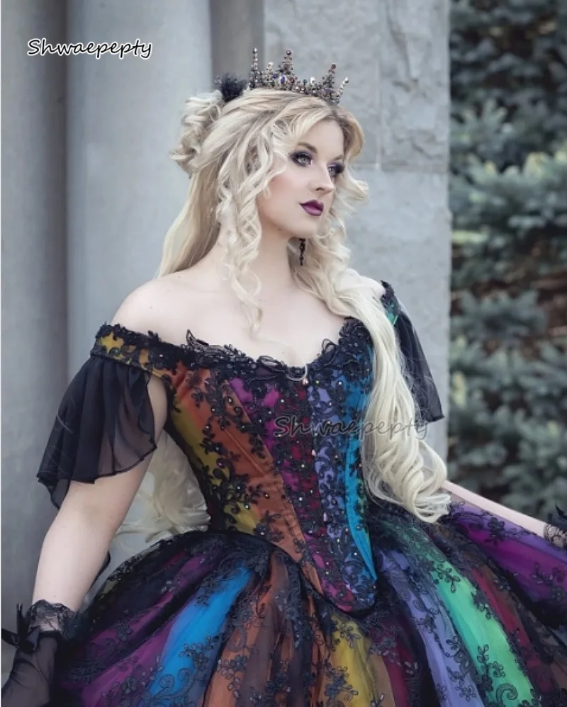 Gothic Rainbow Wedding Dress Black Lace Vintage Victorian Bridal Gown Off Shoulder Princess Prom Masquerade Dress Customized