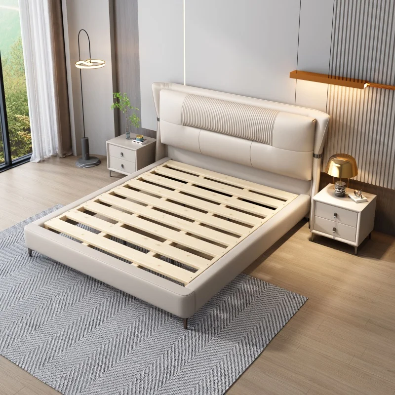 

New Queen Cat Paw Skin Bed China Factory Bedroom Leather Bed Wooden Frame Family Hotel Can Use Double Beds