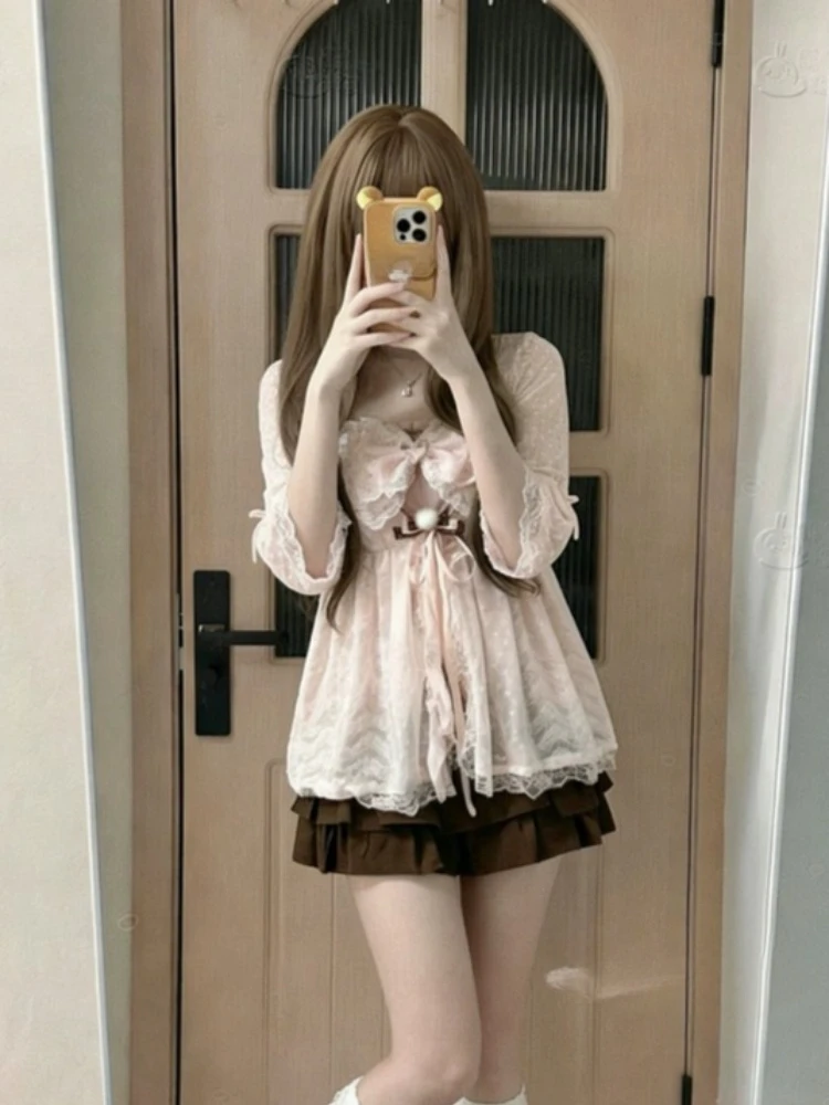 New Japanese Vintage Sweet Lace Y2k 3 Piece Set Women Pink Strap Tops + Cardigan + Skirt Harajuku Chic High Street Lovely Outfit