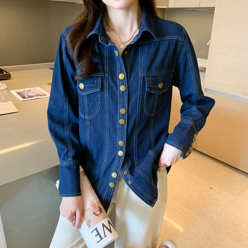 #3113 Autumn Winter Blue Outerwear Denim Shirt Women Single Breasted Womens Tops And Blouses Regular Fit Jeans Shirt Ladies