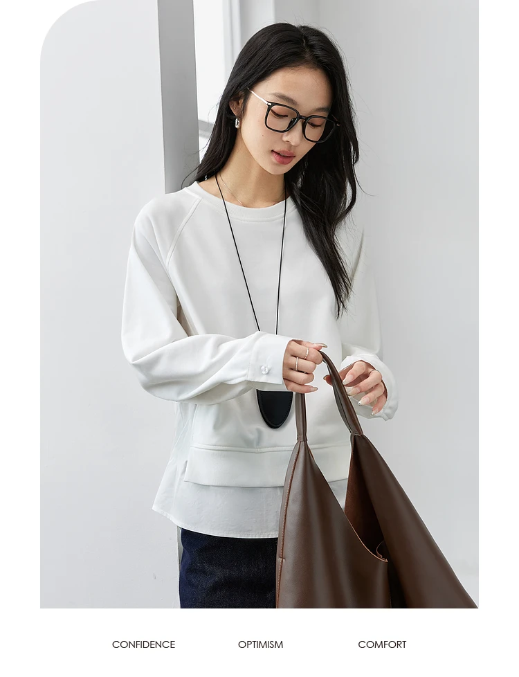 VIMLY White Sweatshirt Woman Long Sleeve Tops Hem Splicing 2025 Spring Autumn Cotton Loose Crew Neck Top Female Clothes A0308