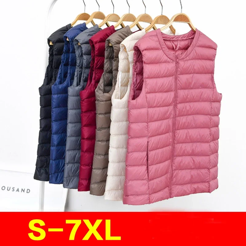 Gilet en duvet de canard pour femme, gilet Ultra léger et fin, sans manches, col rond, fermeture éclair, coupe-vent, matelassé, automne et hiver