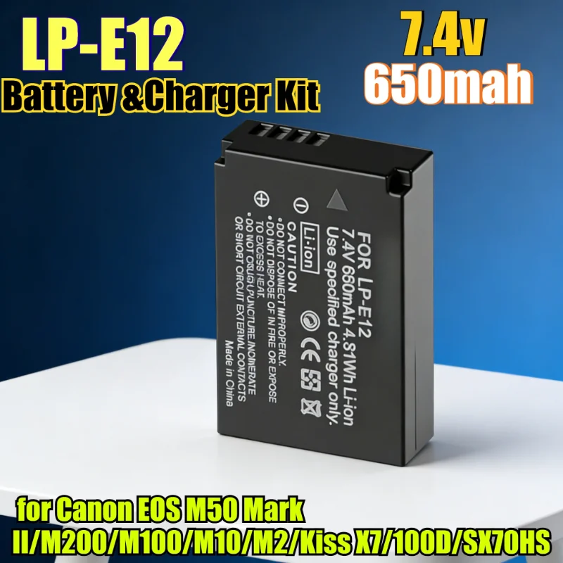 650mAh LP-E12 Li-ion Battery &Charger Kit for Canon EOS M50 Mark II/M200/M100/M10/M2/Kiss X7/100D/SX70HS Camera with LED Display