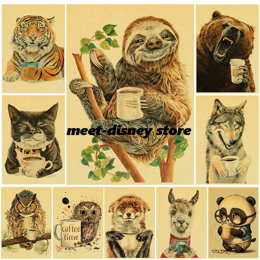 Animal Cafe Posters Kraft Paper Print Casual Modern Art Picture Cafe Living Room Decoration Chambre Landscape Home Wall Posters