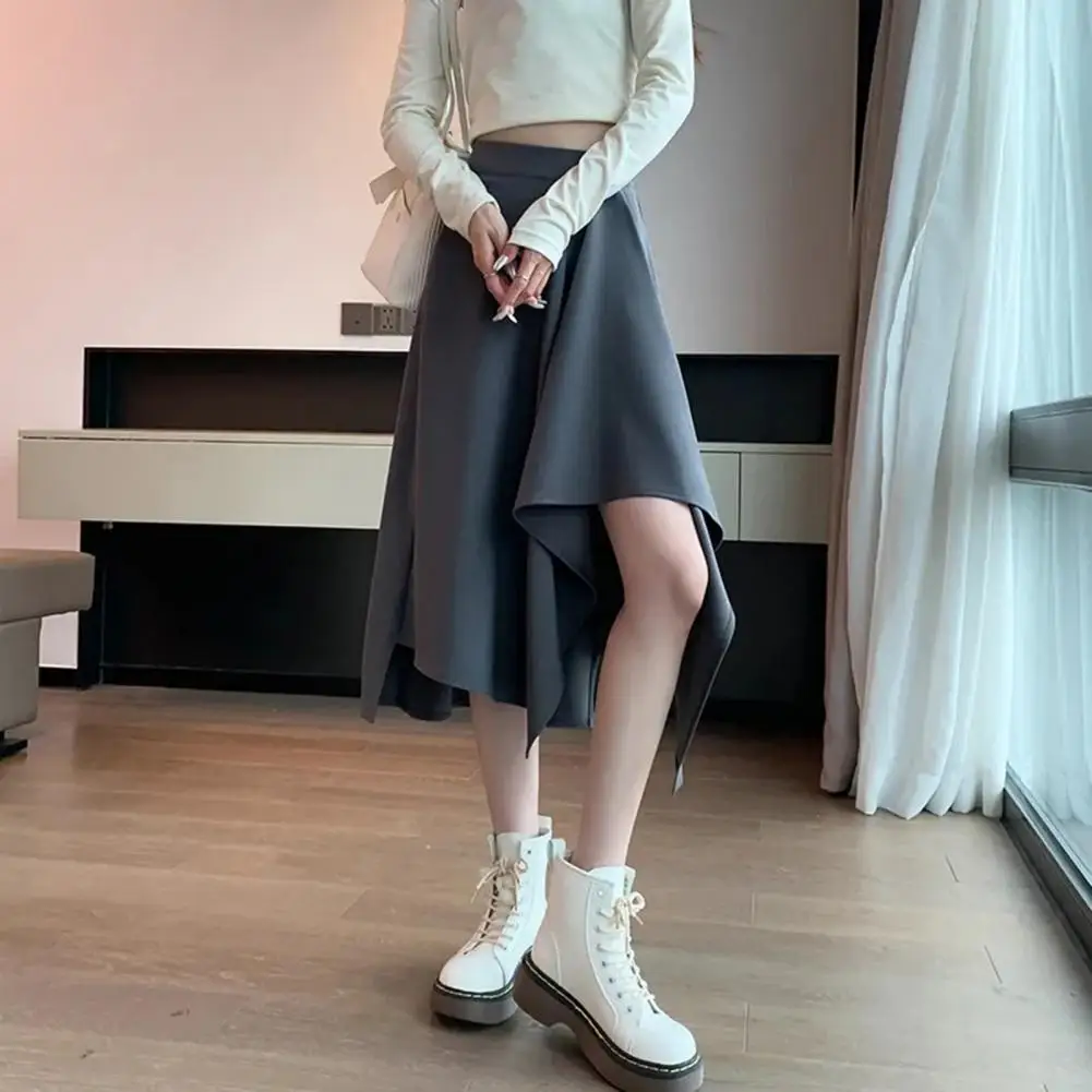 Women Midi Skirt High Waist Irregular Hem Solid Color A-Line Skirt Mid-length A-Line Large Hem Skirt Daily Wear