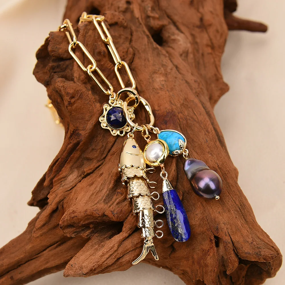 

GG Turquoise Stone Lapis Lazuli White Black Keshi Pearl Beads Golden Fish Pendant Necklace