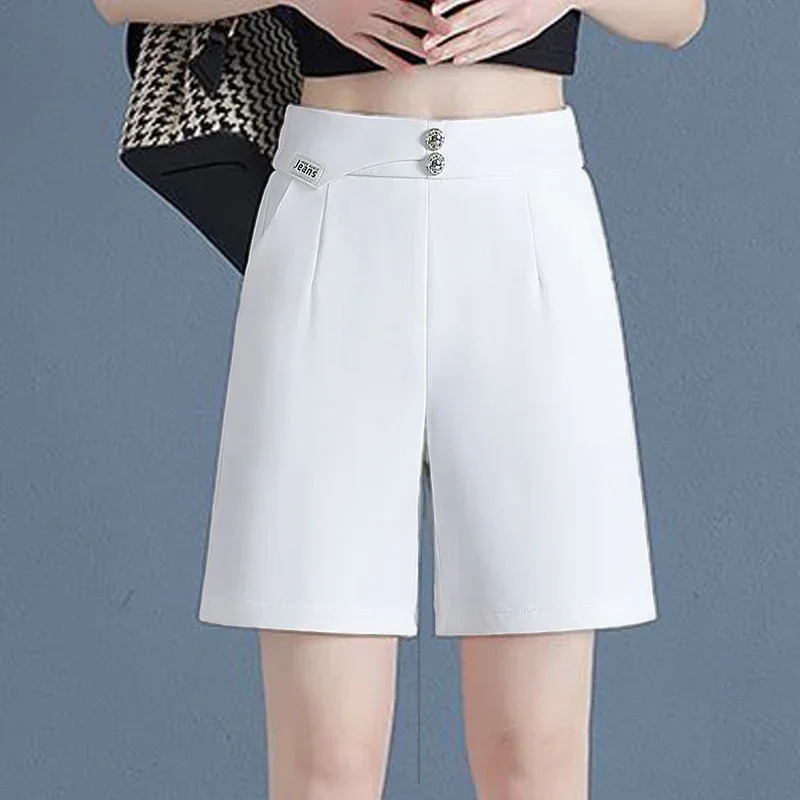 

Женские корейские модные элегантные тонкие прямые короткие брюки с высокой талией, лето 2025 г., офисные женские шикарные повседневные черные, белые шорты