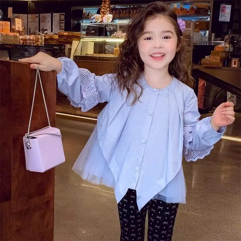 

Girls' Shirt Autumn 2025 New Style Little Girls' Top Fashion Children's Splicing Mesh Shirt Loose Doll Shirt