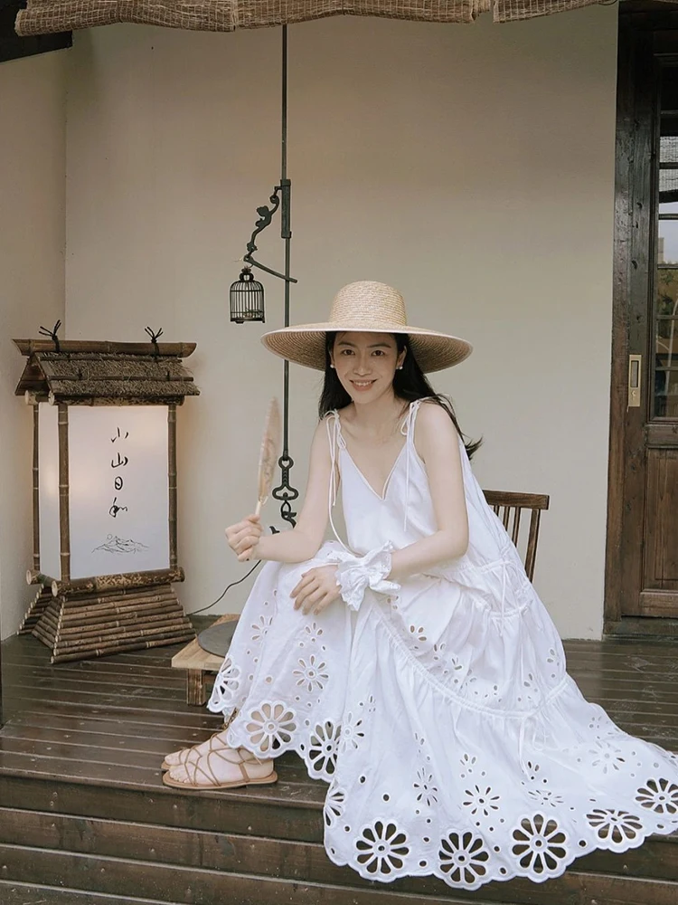 

Elegant Embroidered Hollow out Strap Long Dress Women's Beach Vacation Cotton Casual High Waist Gown Summer Thin Cotton V-neck