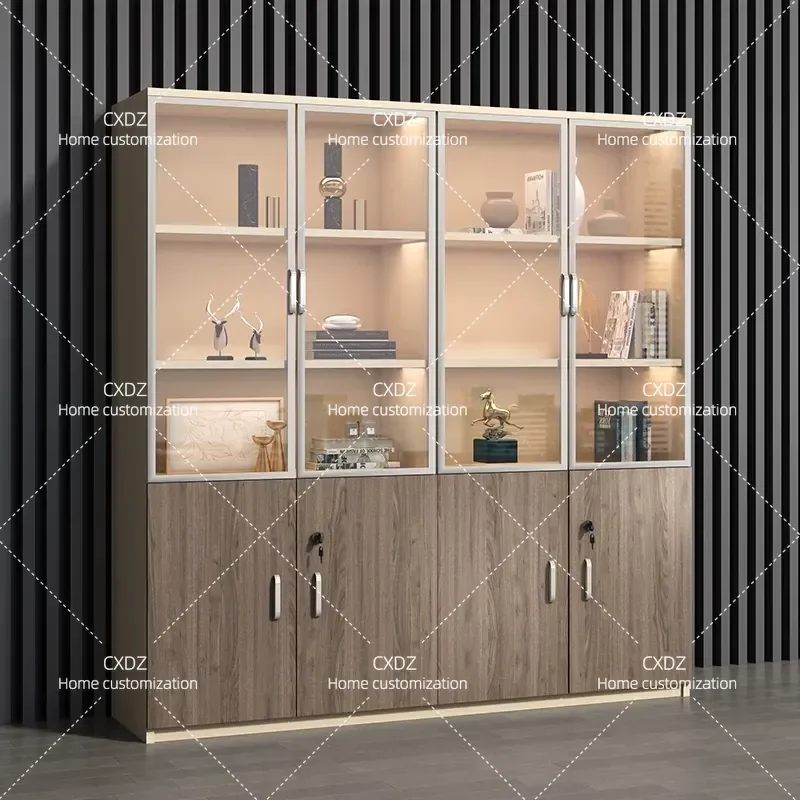 Wood Glass Door File Cabinet Modern Office Data File Lock Bookcase Board Shelf Simple Locker