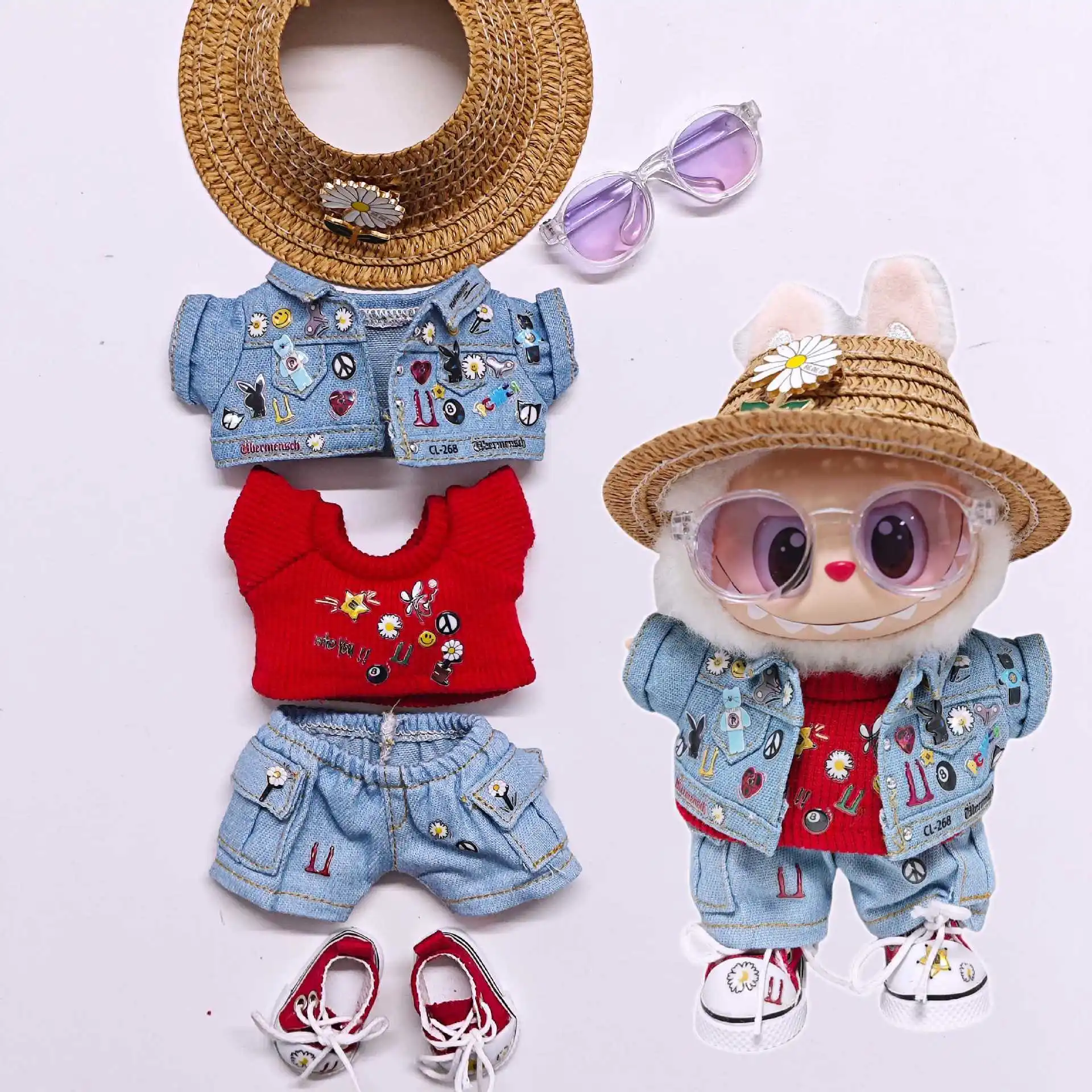 ل Labubu جديد G-Dragon ZOA Labubu ، بدلة الدنيم ، 1-3 جيل 17 سنتيمتر ملابس دمى الفينيل (الدمى غير متضمنة)