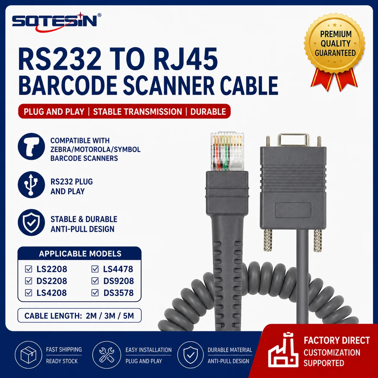 SOTESIN RS232 RJ50 Spiral Barcode Ccanner Reader Data Cable for Symbol Motorola LS2208/DS2208/ LS4208/LS4478/DS9208/DS3578