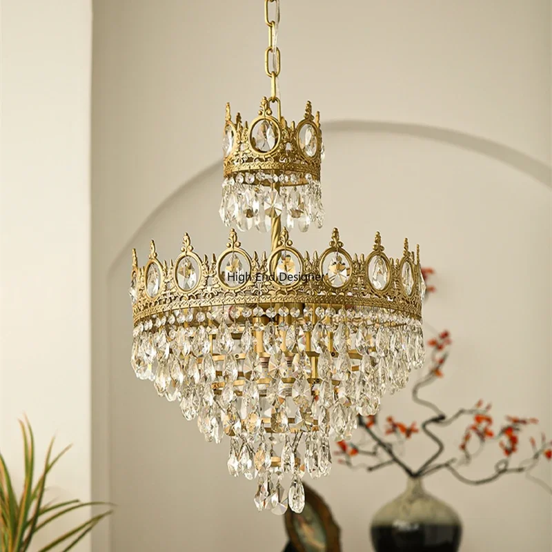 Modern Luxury Chandelier LED Crystal Retro French Pendant Lamp Living Room  Restaurant Bedroom Golden Crown  Indoor Lighting