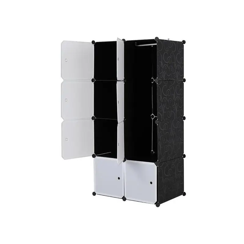

Stackable Plastic Cube Organizer Storage Shelves, Multifunctional Modular Closet Cabinet with Hanging Rod, White Doors & Black