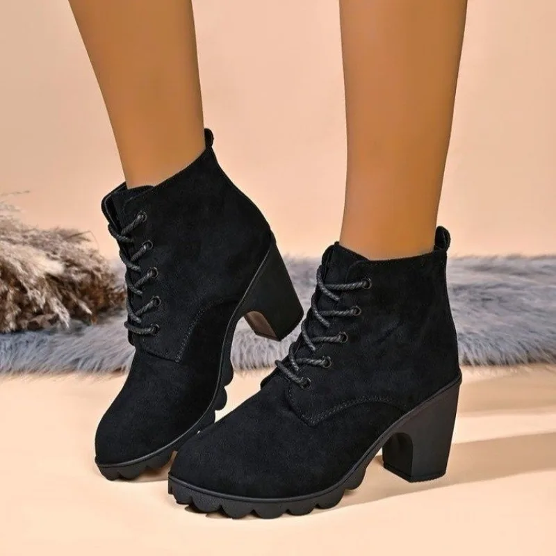 High Heeled Cotton Shoes Winter New Round Toe Lace-up Soft Sole Non-Slip Booties