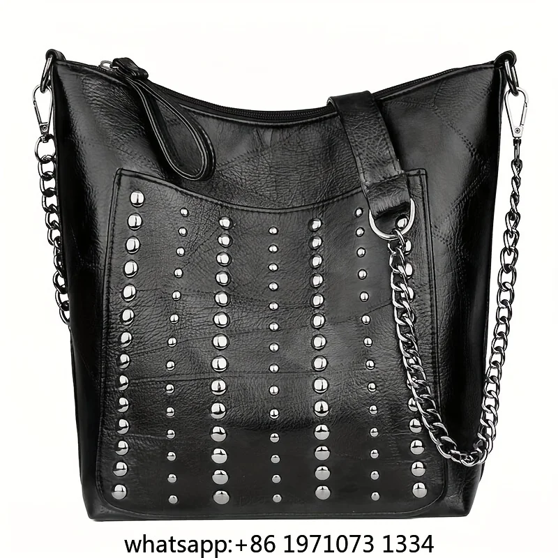 Vintage Style Studded Versatile Shoulder Bag Rivet PU Leather Shoulder Bag Large Capacity Zipper Punk Style Trendy Crossbody Bag