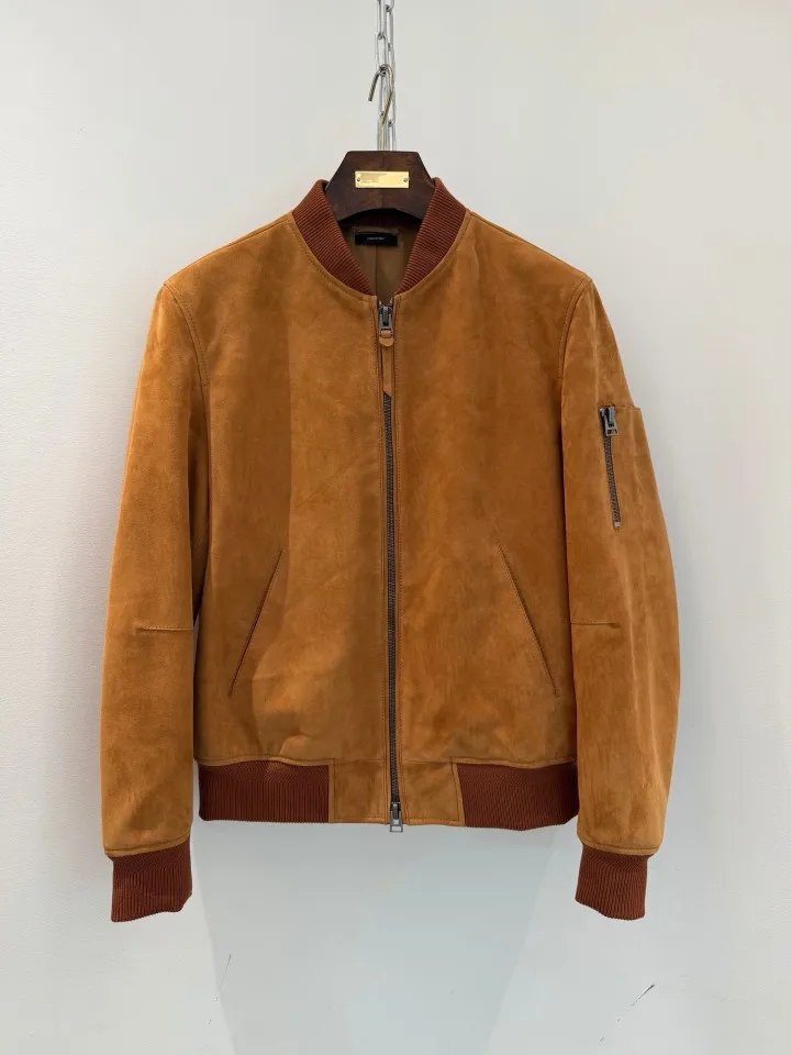 TF Men Suede Lamb Leather Jacket 2026 New Baseball Collar Zipper Front Soft Durable Casual Coat