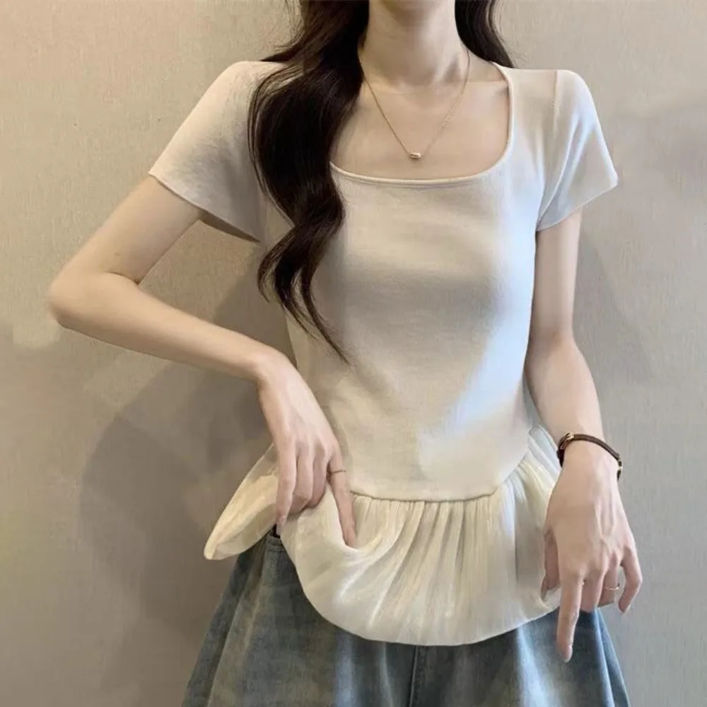 

Fashion Short Sleeve Summer Knitted T-Shirt Slim Fit U-neck Sweet Crop Tops Patchwork Korean Style Mesh Ruffle T-Shirt Lady