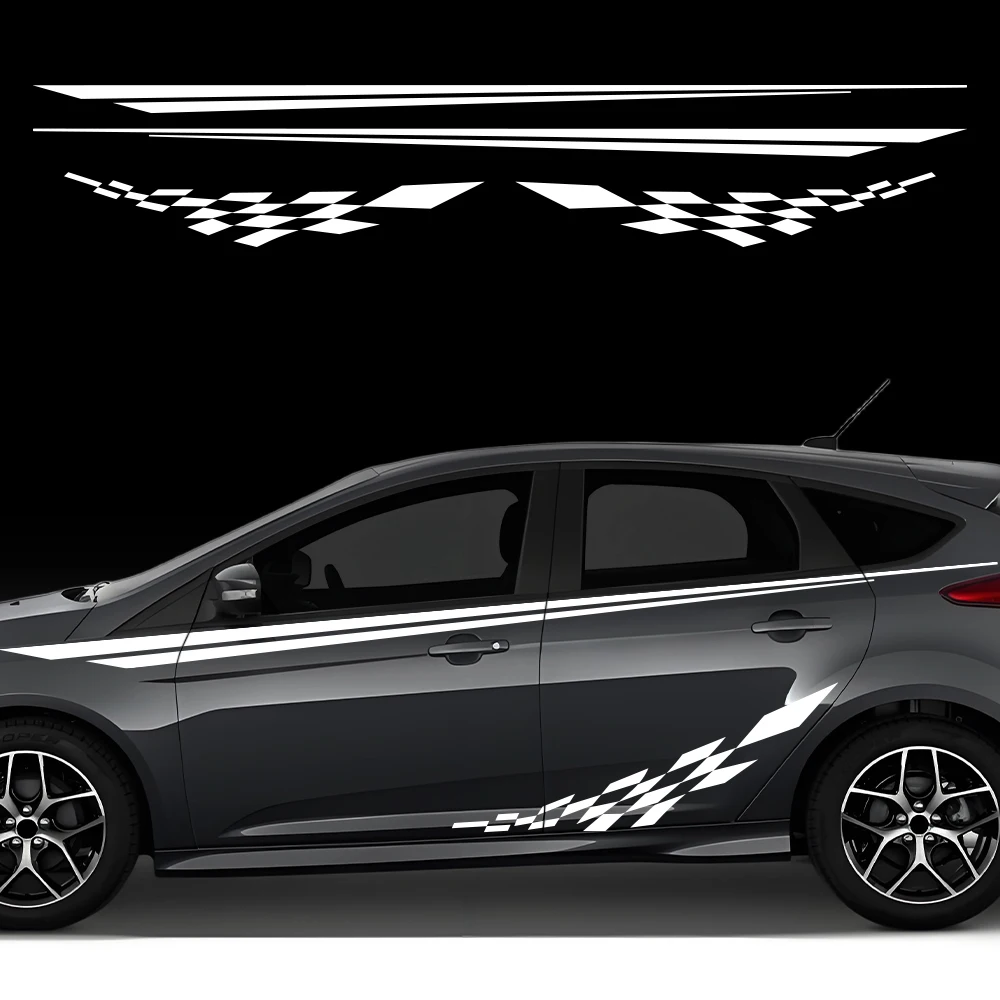For Ford Focus MK3 C346 2015‑2018 Hatchback Side Door Sticker Checkered Flag Racing Line Vinyl Decal Waterproof PVC Car Exterior