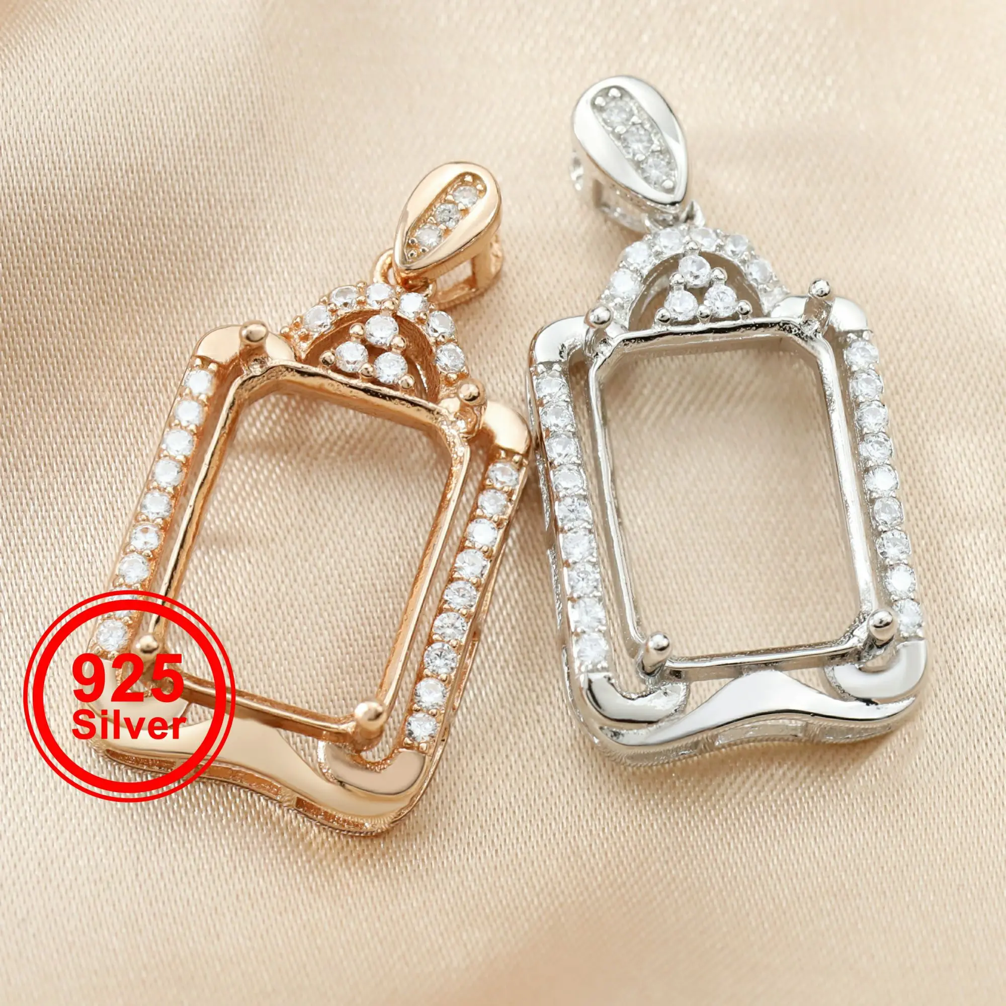 

Multiple Sizes Rose Gold Silver Prong Bezel Settings for Rectangle CZ Stone 925 Sterling Silver DIY Pendant Charm Tray 1431033