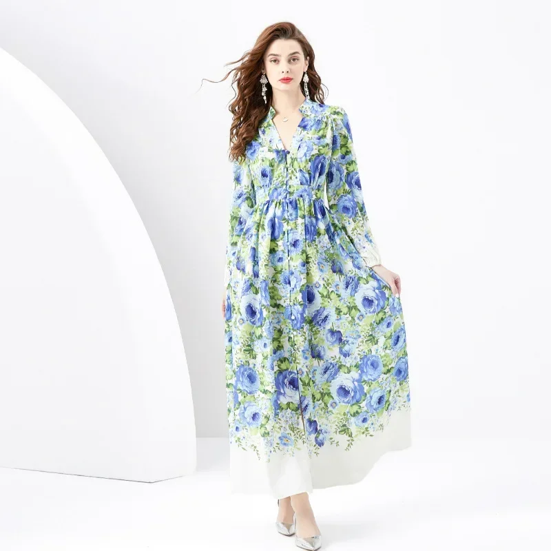 

Spring New European and American Women's Slim Fit Printed Bubble Sleeves Large Swing Dress