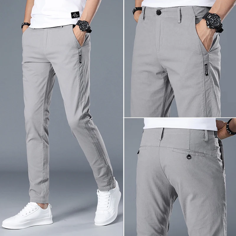 

Мужские повседневные брюки Slim Fit, прямые, ультратонкие, в корейском стиле, летние, модные, длинные, удобные, эластичные, из хлопка и полиэстера