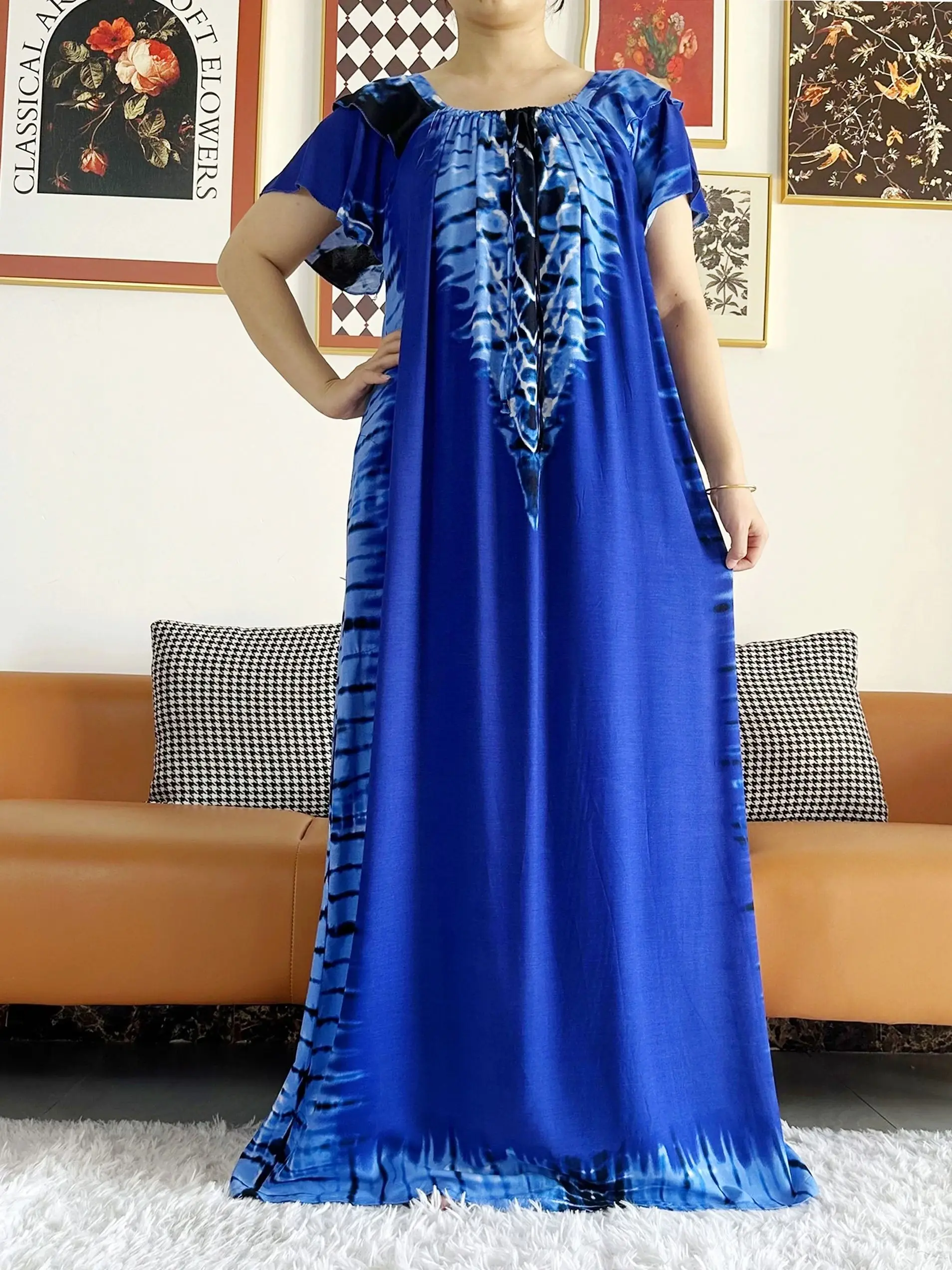 Abaya for Women African Lady Short Sleeve Loose Dress Solid Cotton Boat-Neck Floral Boubou Maxi Islam Women African Clothes