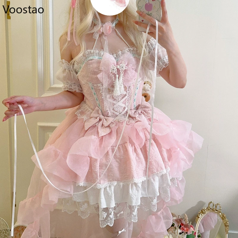 Sweet Cute Lolita Princess Dress Women Elegant Kawaii Lace Ruffles Bow Slim Dresses Girls Harajuku Y2k Evening Party Mini Dress