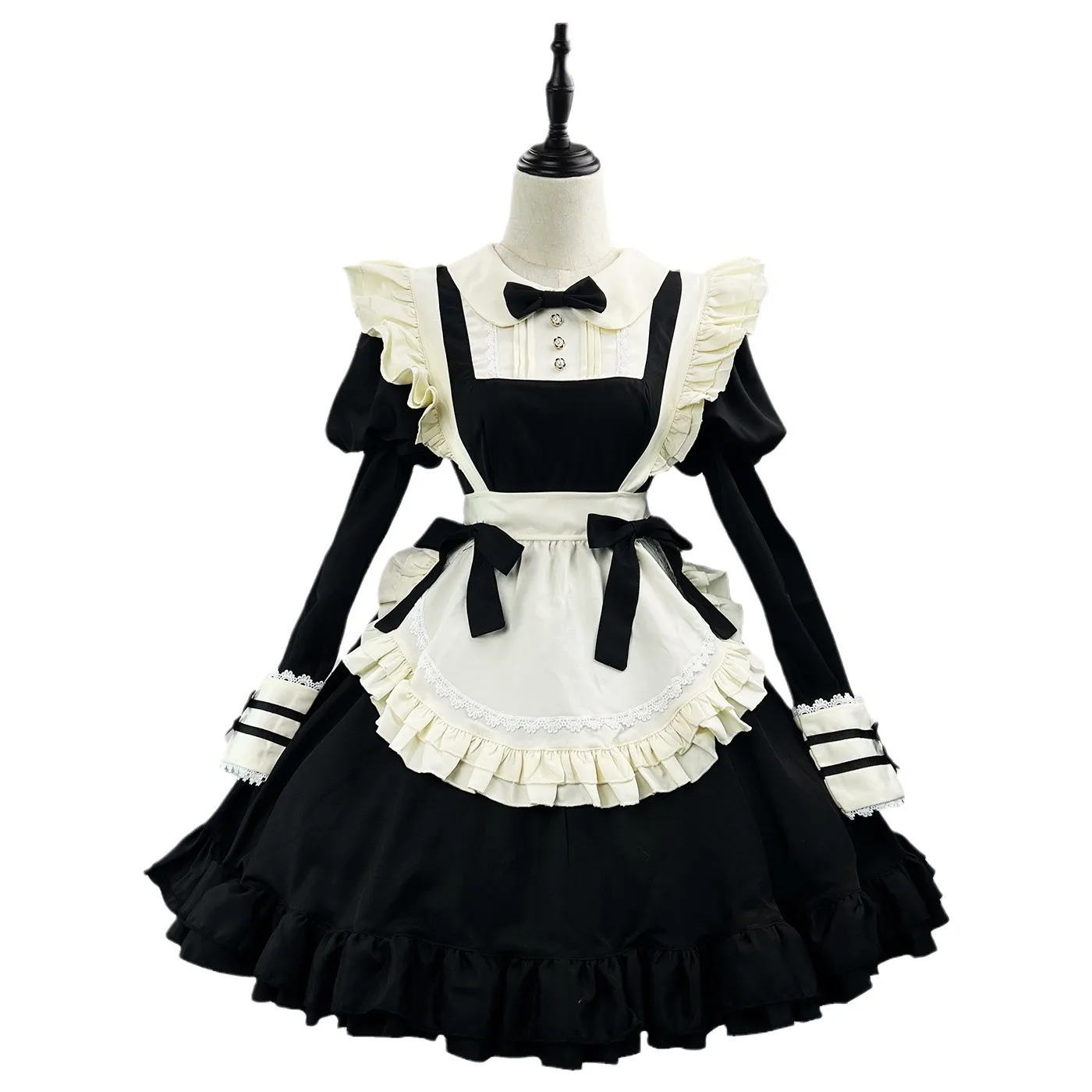 القوطية لوليتا فستان أسود اللون فستان النمط الياباني الدانتيل خادمة الزي مقهى لطيف الحلو خادمة هالوين ازياء للفتيات