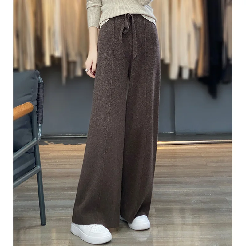 100% Pure Wool Pants Cashmere Wide Leg Trousers Women's Long Britches Knit Loose Casual Straight Leg Pants  Autumn Winter New