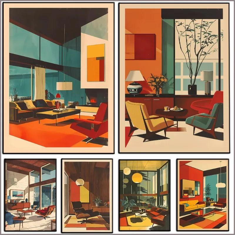 Modernist Interior Art Print Mid Century Design Poster Vintage Architectural Aesthetic Canvas Painting Wall Art Room Home Decor