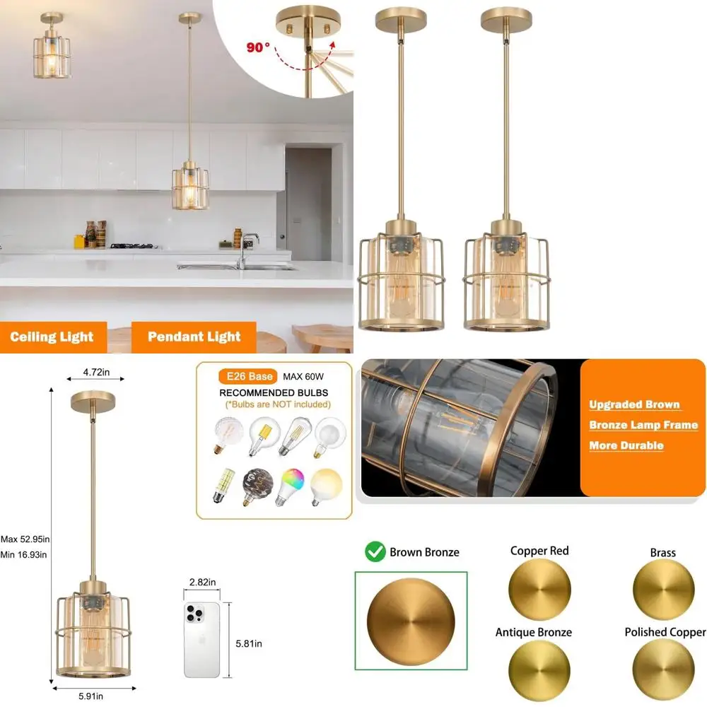 

Подвесные светильники из янтарного стекла, золотистые светильники для кухонного острова, комплект из 2 штук с регулируемым штоком, современные светильники-клетки для ванной и столовой