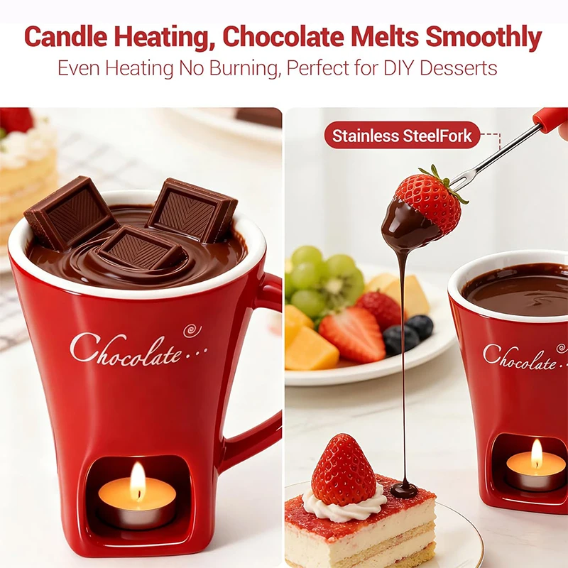 Chocolate Melting Fondue Mug,Cheese Sweet Simmer Mug with Fork for Romantic Date Night,Creative Fondue Cup for Birthday Gifts